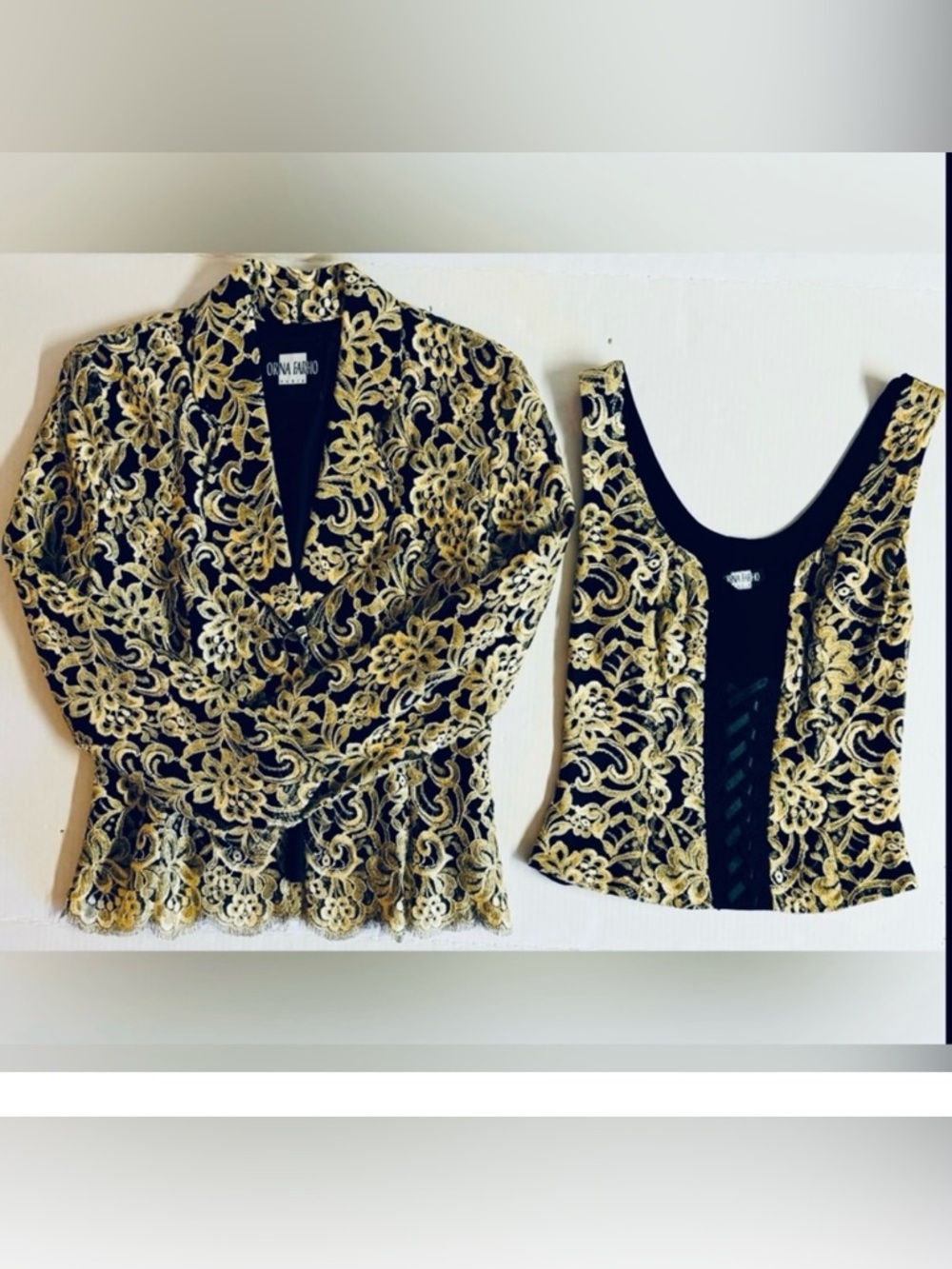 Vtg Rare💎Paris 2 Piece ORNA FARHO Paris -Gold lace blazer and Corset top.Size M